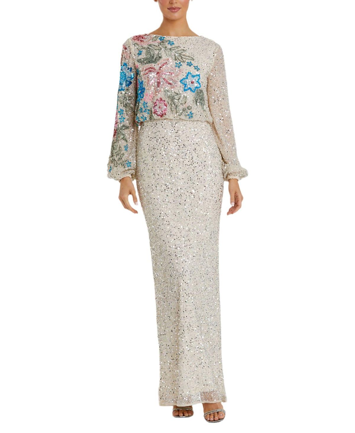 Mac Duggal Embellished Multi Color Floral High Neck Gown