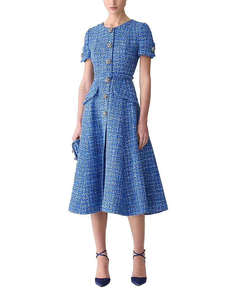 Carolina Herrera Crystal Button Tweed A-line Dress In Blue