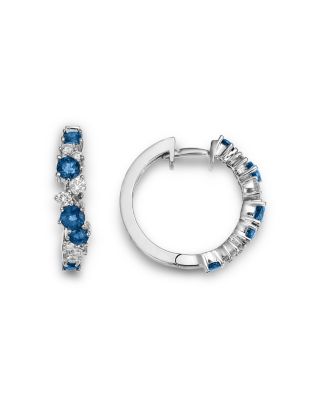 Blue Sapphire & Diamond Huggie Hoop Earrings in 14K White Gold