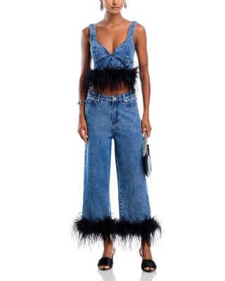 Feather Trim Denim Crop Top - Exclusive