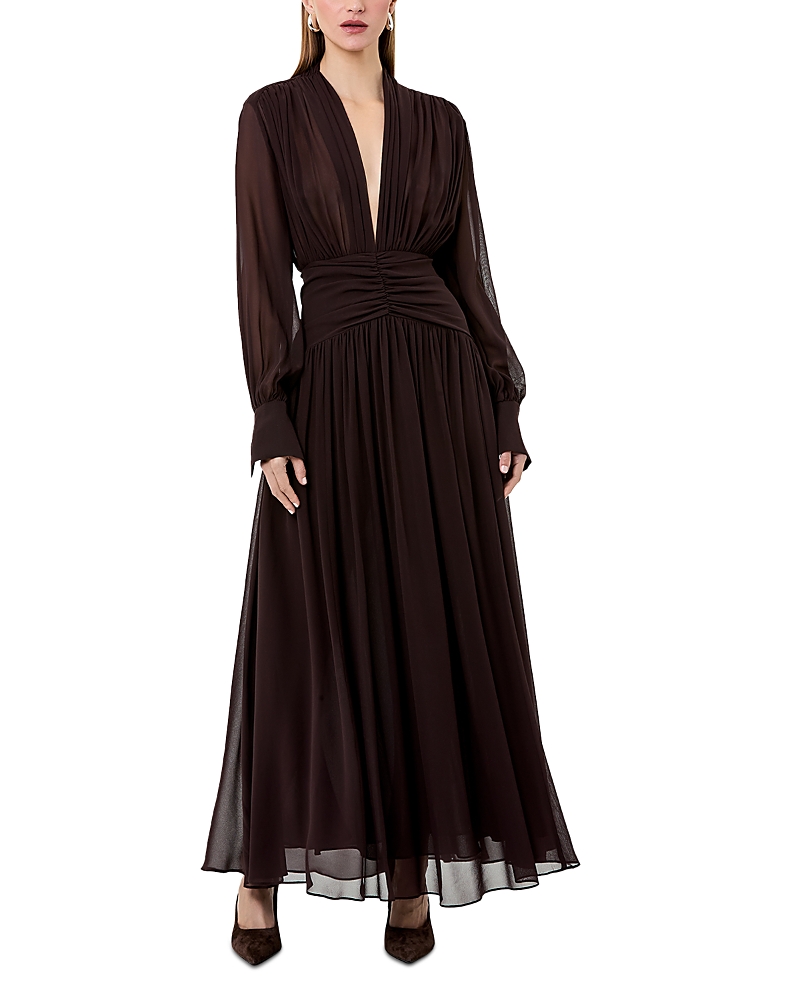 Nicholas Jocelyn V-neck Gathered Maxi Dress In Brown