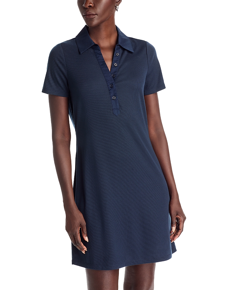 Single Thread Rib Dress With Woven Placket In Blue