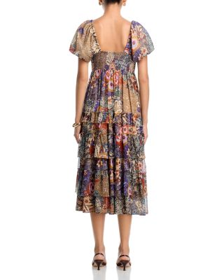 Metallic Floral Print Midi Boho Dress - Exclusive