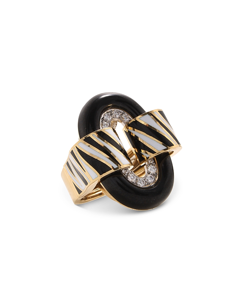 David Webb Diamond Small Oval Zebra Stripe Buckle Ring In 18k Yellow Gold & Platinum In Black