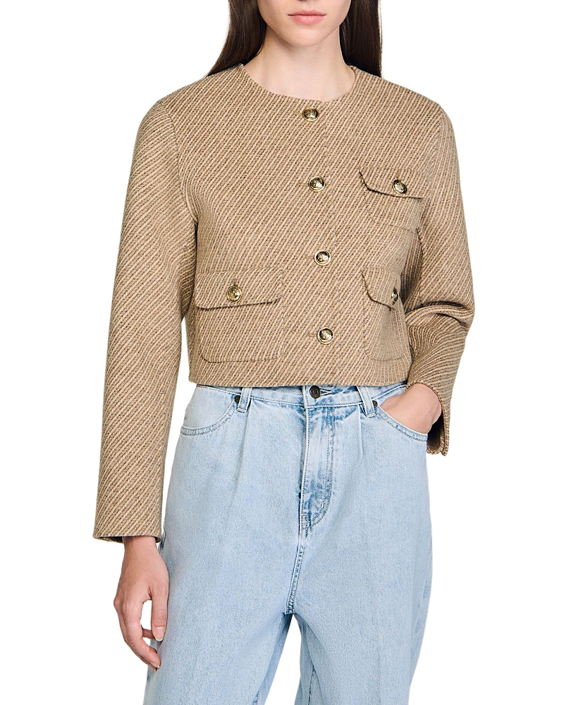 Sandro Cropped Button-down Jacket In Brown