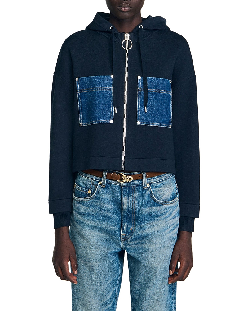 Sandro Mixed Media Hoodie Jacket In Blue