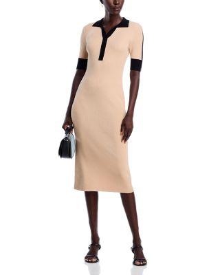 Elbow Sleeve Split V Neck Collar Rib Dress with Contrast Trim