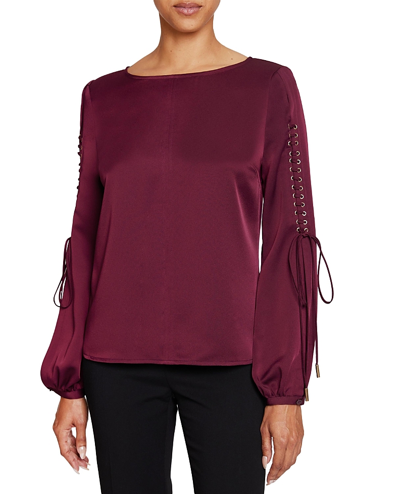 Santorelli Livi Long Sleeve Top With Grommet Detail In Fluid Crepe In Purple