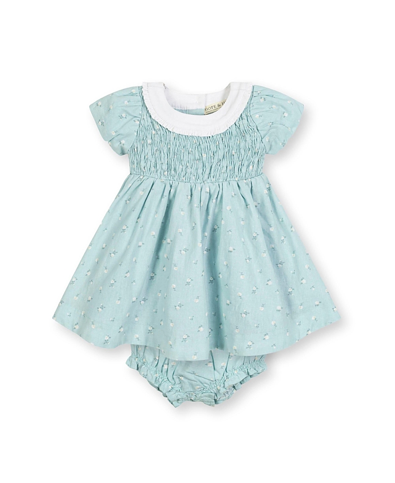 Hope & Henry Girls' Short Sleeve With Ruffle Collar Linen Dress - Baby In Blue