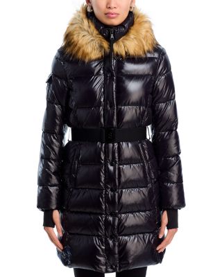 Long Belted Puffer with Faux Fur Trimmed Hood - Exclusive