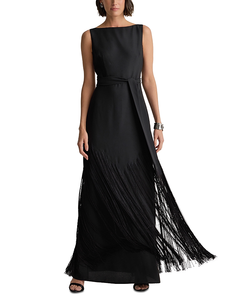 St John 70s Inspired Fringed Satin Gown In Black
