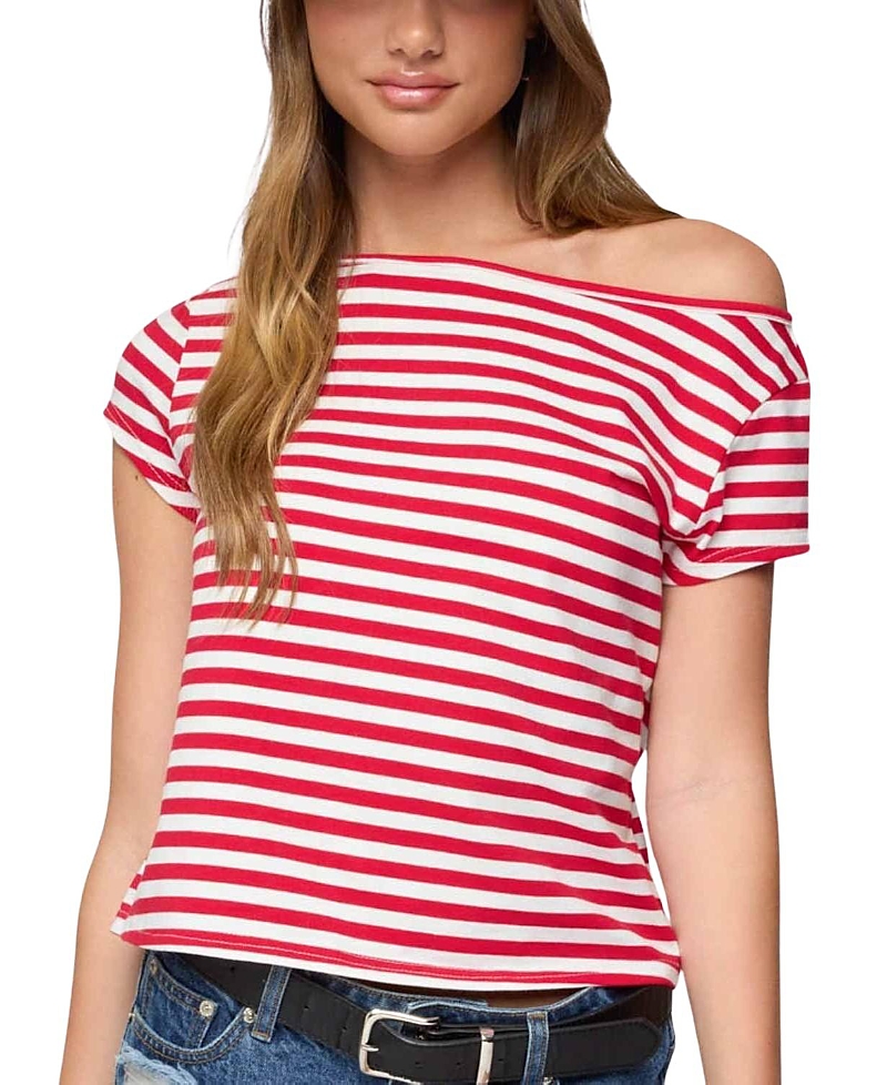 Edikted Aretha Stripe Off The Shoulder Stretch Cotton Top In Pink
