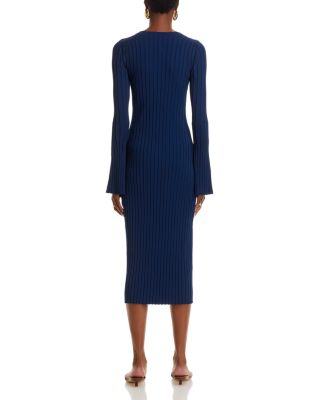 Aron Dress V Neck Button Front Slim Long Sleeve Midi Stretch Bodycon Dress