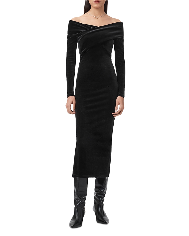Allsaints Womens Delta Off-shoulder Long-sleeve Stretch-velvet Midi Dress Black In Black