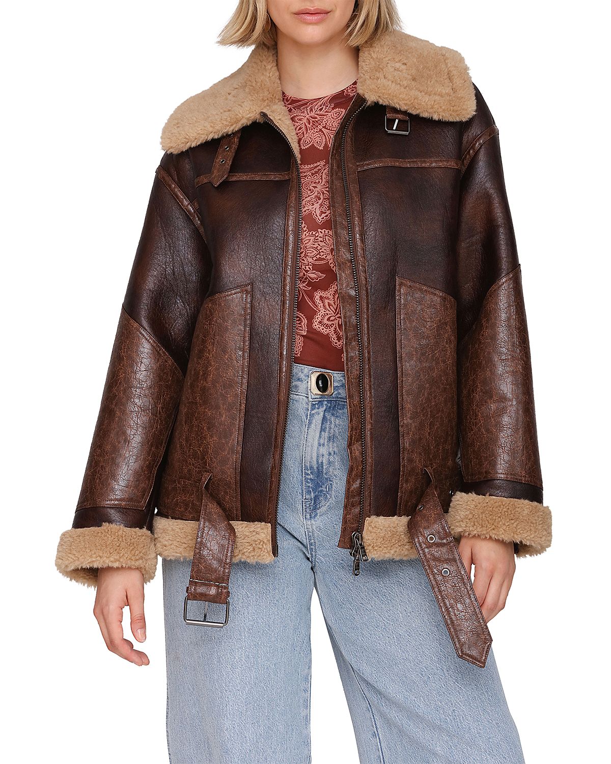 Avec Les Filles Faux Fur Trim Moto Jacket
