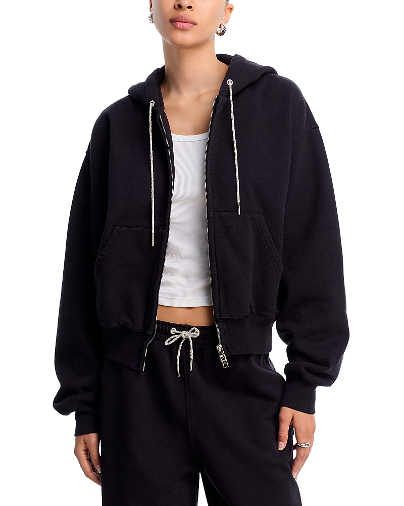 Alexander Wang T Alexanderwang. T Rhinestone Drawstring Zip Up Hoodie In Black