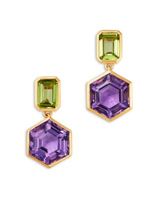 Amethyst & Peridot Geometric Drop Earrings in 14K Yellow Gold