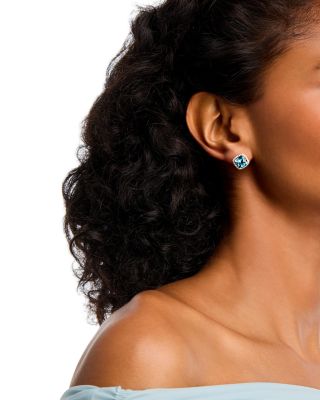 Blue Topaz & Diamond Cushion Halo Stud Earrings in 14K Yellow Gold