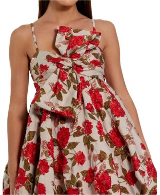 Brocade Thin Strap Puff Mini Dress with Bow