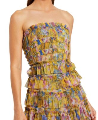 Ruffle Mesh Strapless Midi Dress