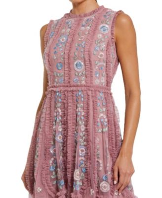 Sleeveless High Neck Embroidered Mini Dress