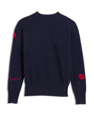 Girls' Knitted Crewneck Pullover Lip Jacquard Embroidered Cashmere Sweater, Big Kid - Exclusive