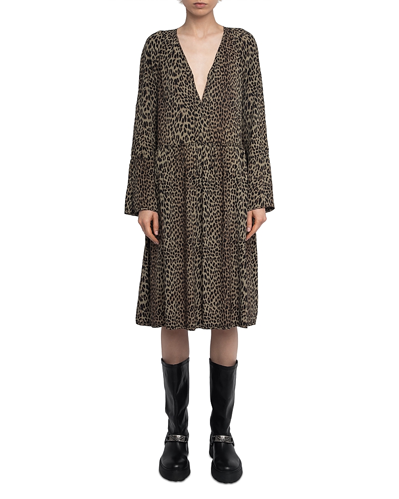 Zadig & Voltaire Rinas Leopard-print V-neck Mini Dress In Gray