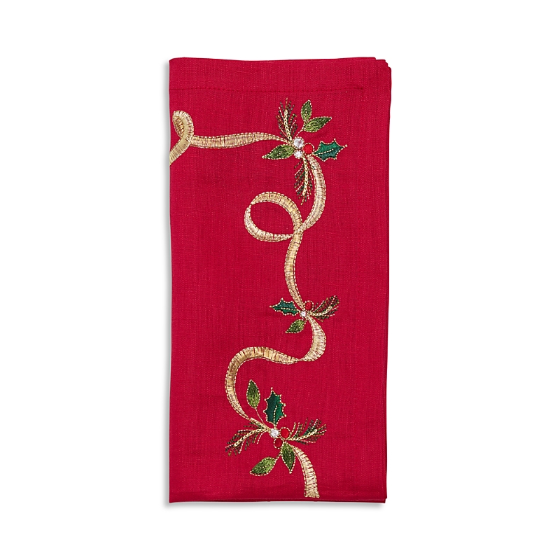 Kim Seybert Xmas Ribbon Linen Napkin, 21 X 21 In Red