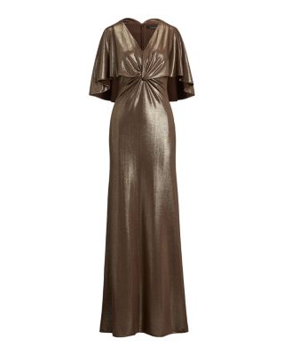 Metallic Jersey Twist Front Cape Gown