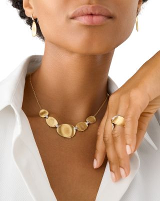 18K White & Yellow Gold Lunaria Diamond Textured Disc Halfsie Collar Necklace, 16.5"-18"