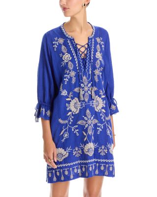 Tie Front Kimono Sleeve Embroidered Dress