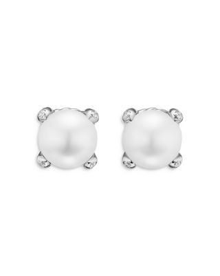 Pearl Classics Stud Earrings in Sterling Silver and Diamonds, 6.6mm