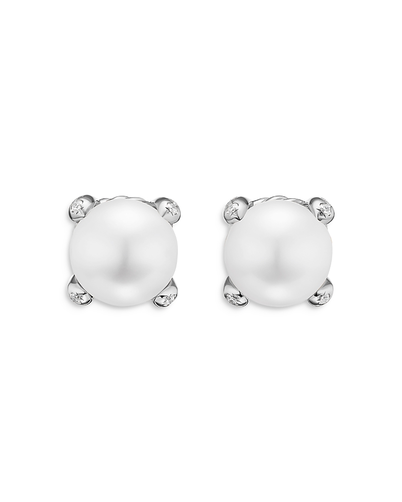 Pearl Classics Stud Earrings in Sterling Silver and Diamonds, 6.6mm