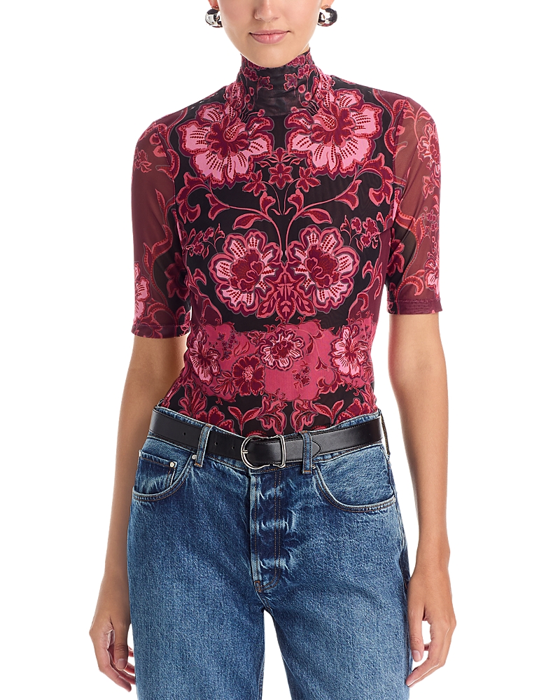 Johnny Was Turtleneck Floral-print Mesh Top In Pink