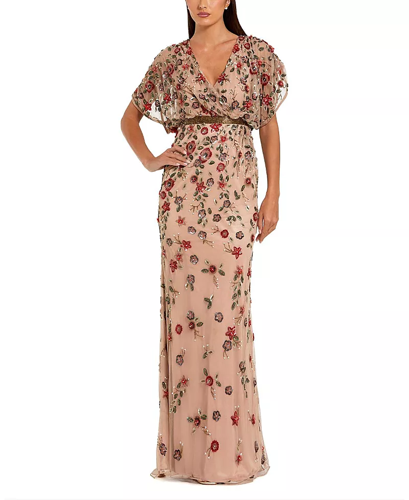 Mac Duggal Floral Embellished Short Sleeve Blouson Gown
