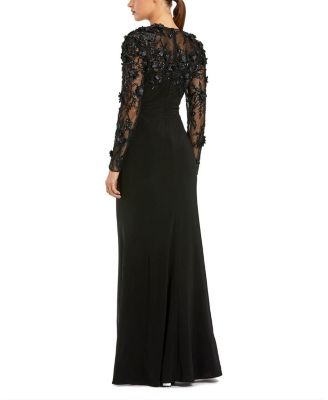 Jersey Long Sleeve Fitted Gown With Floral Beading
