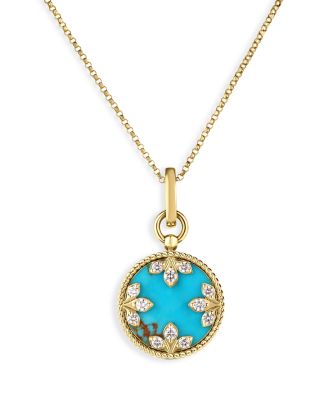 18K Yellow Gold Turquoise & Diamond Venetian Princess Medallion Pendant Necklace, 15"-17" 