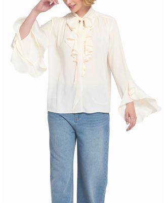 Flounce Trimmed Tie Neck Blouse
