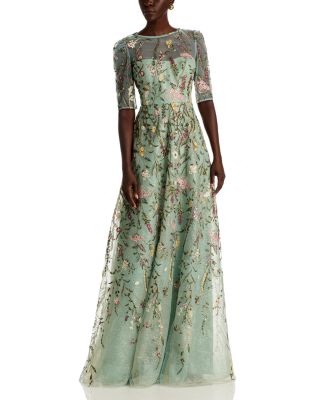 Floral Embroidered Tulle Elbow Sleeve Gown