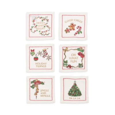 Merry and Bright Cocktail Napkin in White, Red &amp; Green, Set of 6 in a Gift Box
