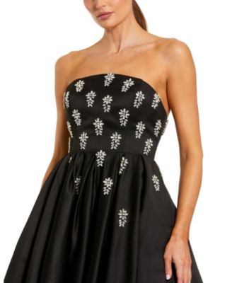  Crystal Embellished Strapless Satin A-Line Dress