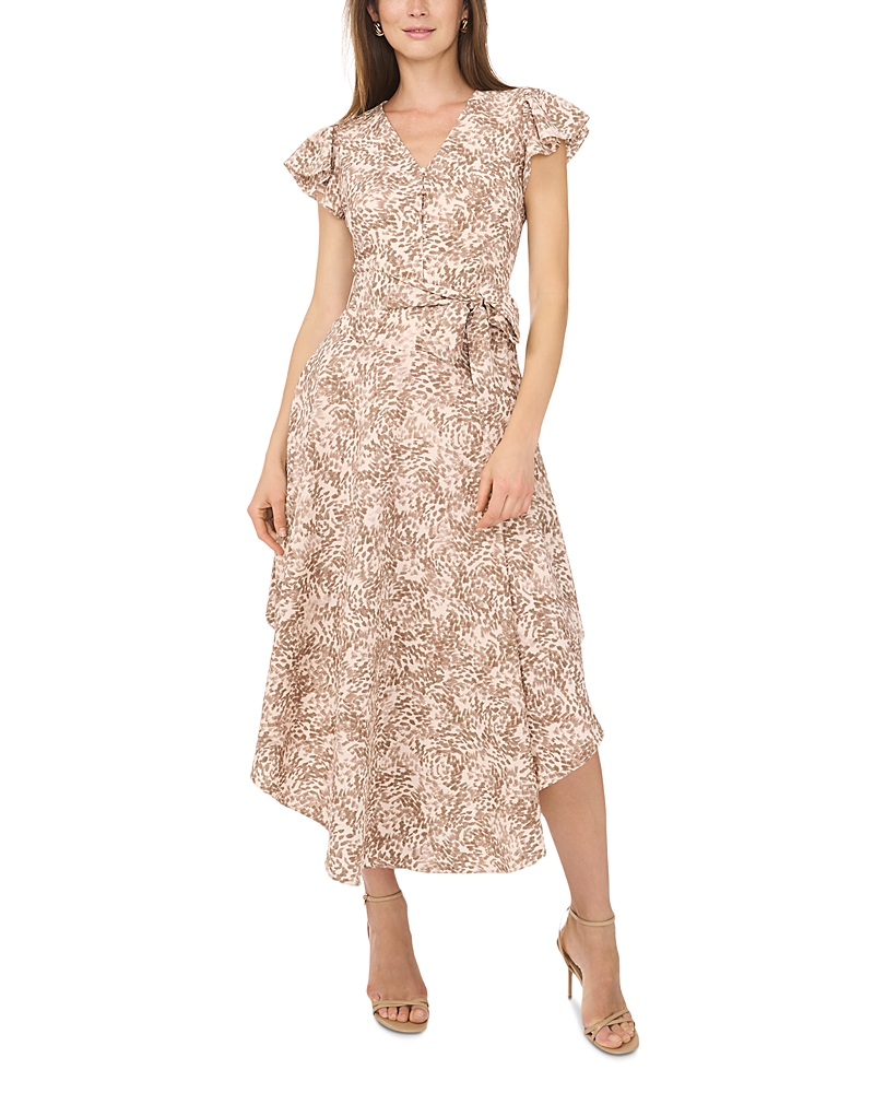 Vince Camuto Abstract Print Flutter Sleeve Midi Dress In Brown