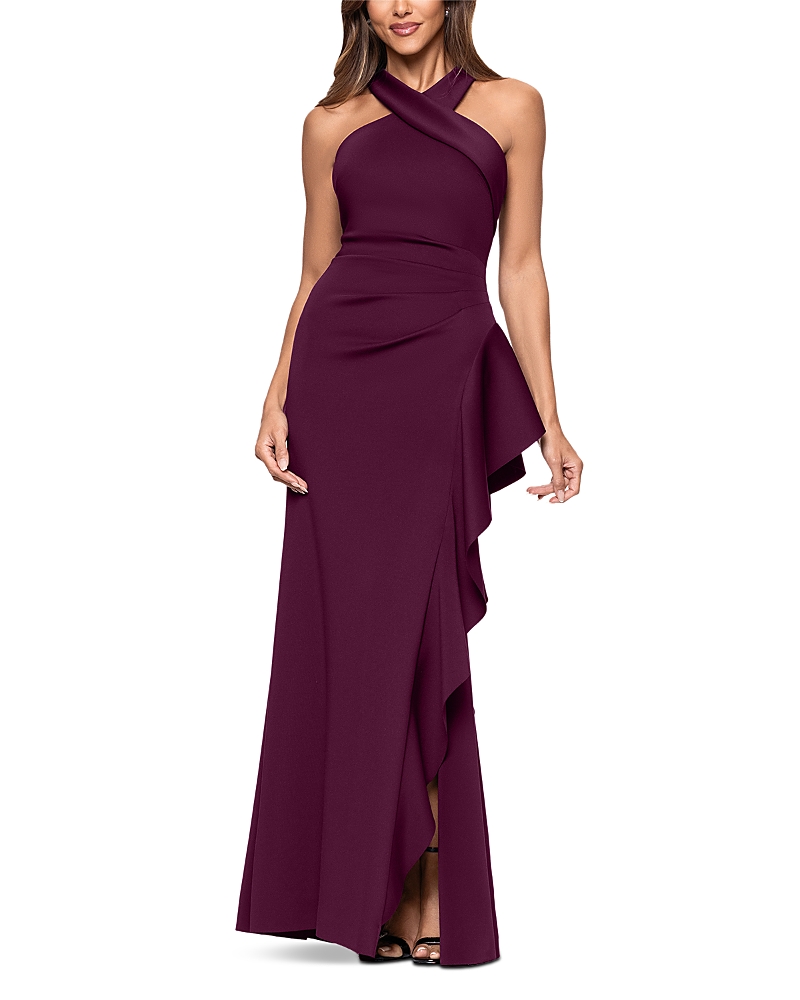 Aqua Scuba Ruffle Halter Gown - Exclusive