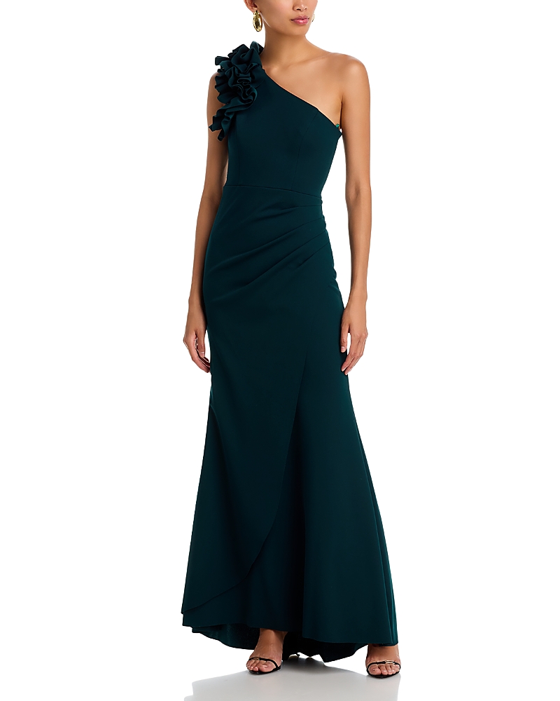 Aqua One Shoulder Ruffle Crepe Gown - Exclusive