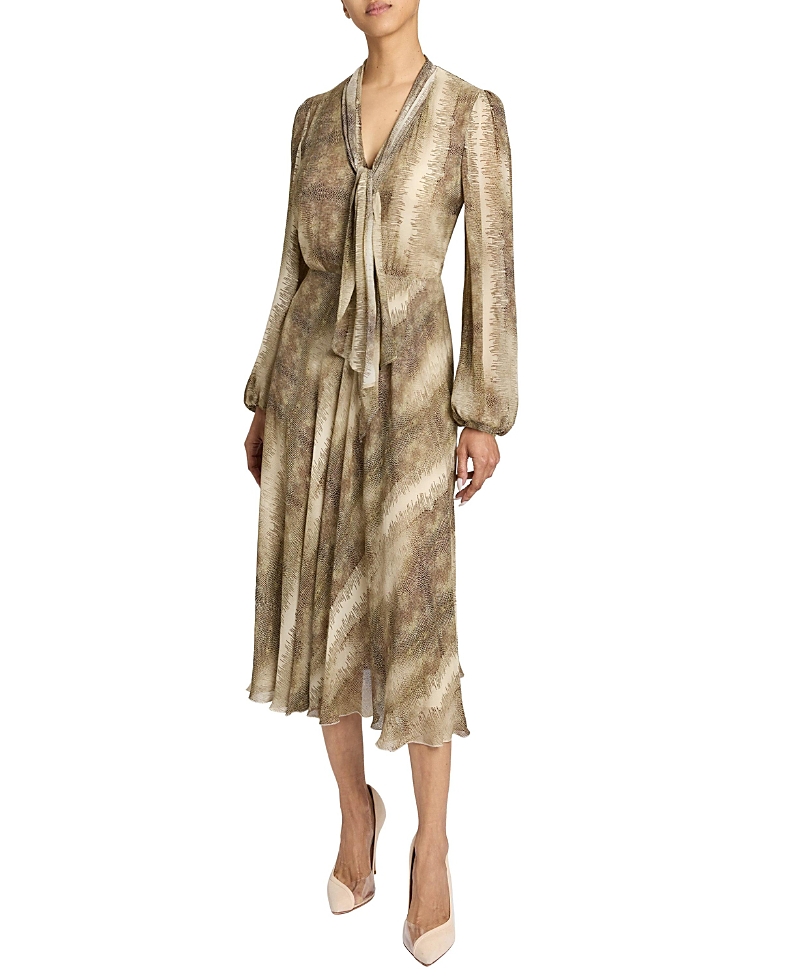 Santorelli Jenn Printed Georgette Midi Dress With Drop Neck Tie In Gray