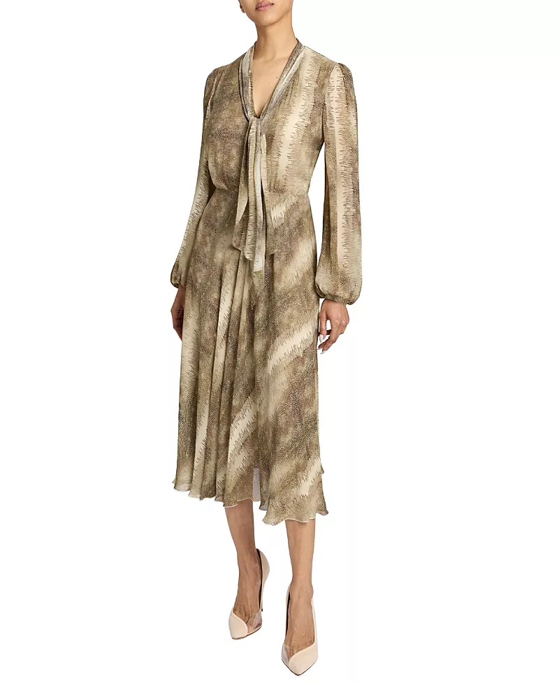 Santorelli Jenn Printed Georgette Midi Dress with Drop Neck Tie