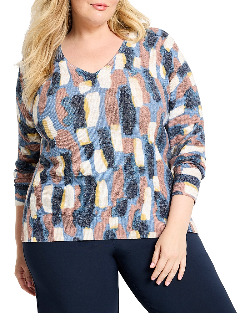Nic+zoe Plus Brushstrokes Waffle V Neck Sweater In Blue