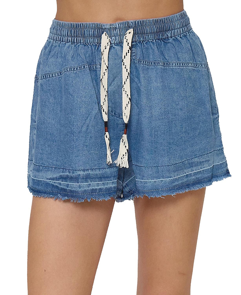 Central Park West Celine Mid Rise Drawstring Shorts In Blue