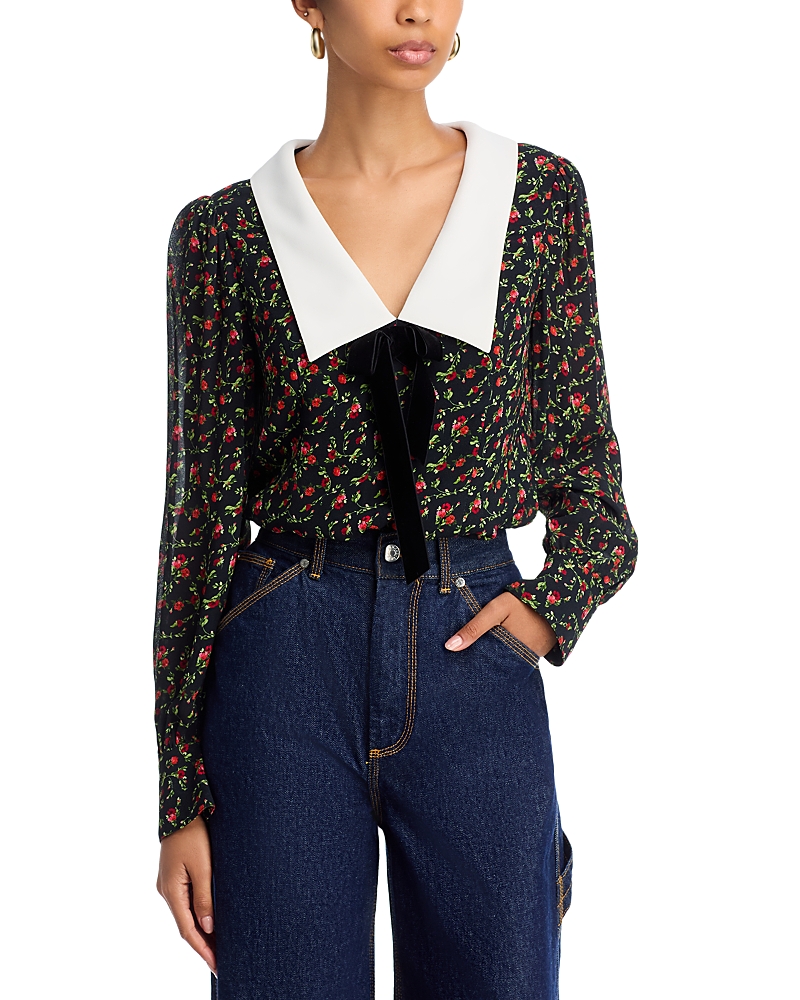 French Connection Yasmin Floral Collared Long Sleeve Top In Black