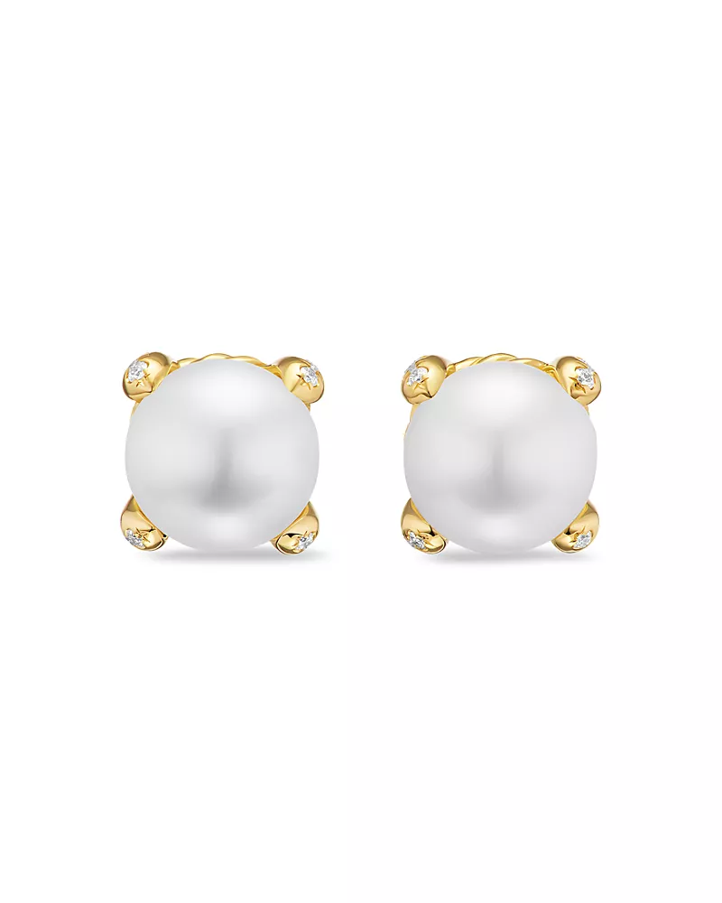 David Yurman Cultured Freshwater Pearl Classics Stud Earrings in 18K Yellow Gold and Diamonds, 6.6mm